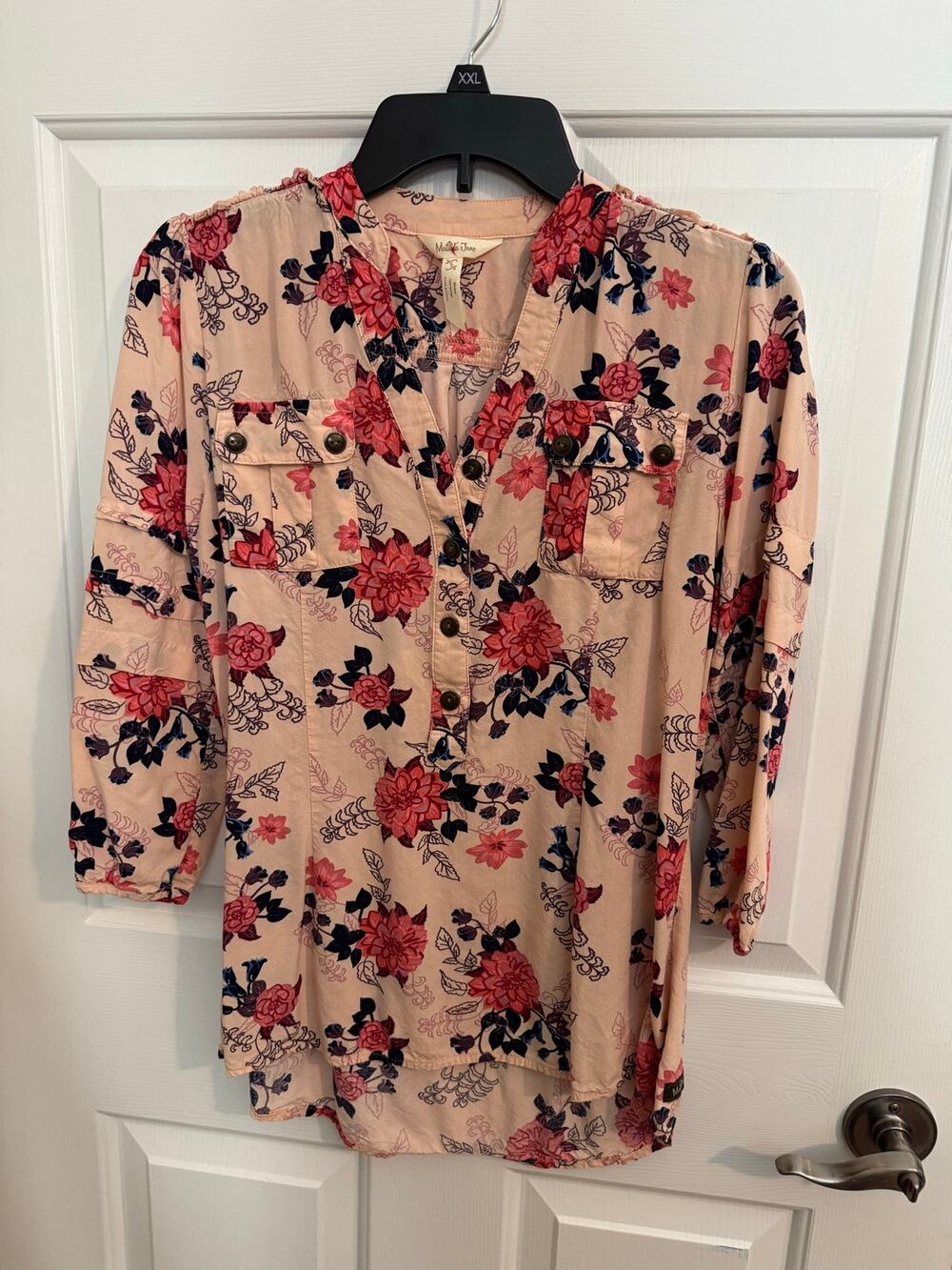Matilda Jane Livery Millie Floral Popover Henley Blouse Cottage Peach Pink S